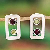 Peridot and garnet button earrings, 'Adrift' - Peridot and Garnet Modern Earrings in Sterling Silver