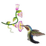 Handcrafted Bird Metal Art for the Wall, 'Hummingbird and Hollyhocks'