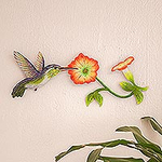Colibrí y flores Arte de pared de acero hecho a mano, 'Néctar exótico en naranja'