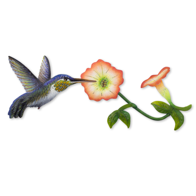 Steel wall art, 'Exotic Nectar in Orange' - Hummingbird and Flowers Steel Wall Art Crafted by Hand
