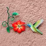 Steel wall art, 'Colibrí' - Hummingbird and Red Flower Steel Wall Art Crafted by Hand