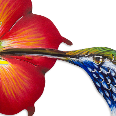 Steel wall art, 'Colibrí' - Hummingbird and Red Flower Steel Wall Art Crafted by Hand