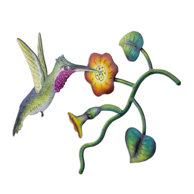 Steel wall art, 'Exotic Nectar in Yellow' - Mexican Hummingbird Steel Wall Art Crafted by Hand