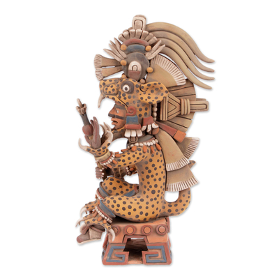 Ceramic sculpture, 'Tezcatlipoca as a Jaguar' - Aztec Tezcatlipoca Jaguar Signed Ceramic Sculpture