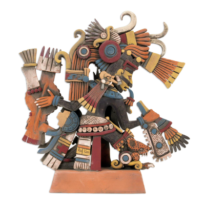 Escultura de cerámica - Escultura de cerámica firmada de la deidad azteca Tezcatlipoca