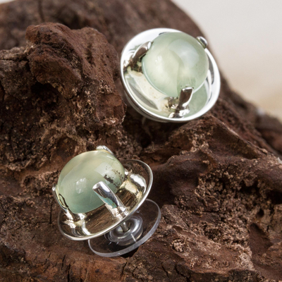 Prehnite button earrings, 'Light of Taxco' - Handcrafted Prehnite and Taxco Silver Earrings