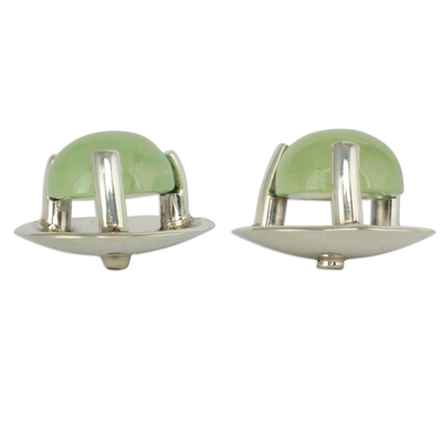 Prehnite button earrings, 'Light of Taxco' - Handcrafted Prehnite and Taxco Silver Earrings