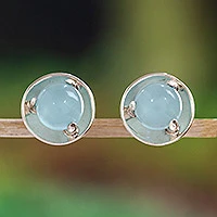 Pendientes botón calcedonia - Aretes de Plata Taxco Pulida con Calcedonia Azul