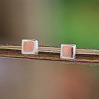 Sterling silver stud earrings, 'Square Spark' - Copper on Sterling Silver Square Earrings from Taxco Jewelry