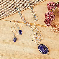 Lapis Lazuli and Aquamarine Handcrafted Silver Jewelry Set,'Gentle Raindrops'