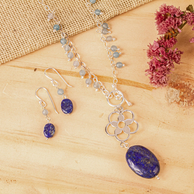Lapis lazuli and aquamarine jewelry set, Gentle Raindrops