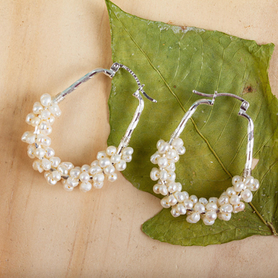 Cultured pearl hoop earrings, 'Litibu Sea Foam' - Handcrafted Sterling Silver and Cultured Pearl Hoop Earrings