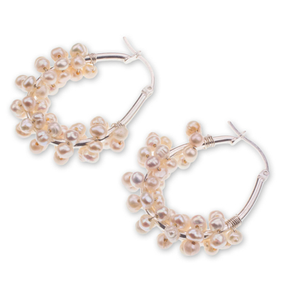 Cultured pearl hoop earrings, 'Litibu Sea Foam' - Handcrafted Sterling Silver and Cultured Pearl Hoop Earrings