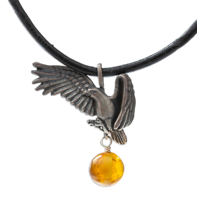 Eagle Theme Leather Cord Sterling Silver Necklace with Amber