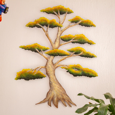 Steel wall art, 'Sunny Bonsai' - Handcrafted Mexico Steel Wall Sculpture of a Tree