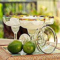 Handblown margarita glasses, 'Confetti Rim' (set of 6) - Set of 6 Artisan Crafted Blown Glass Margarita Glasses