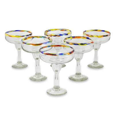 Blown glass margarita glasses, 'Confetti Path' (set of 6) - Set of 6 Artisan Crafted Blown Glass Margarita Glasses