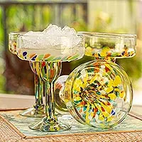 Handblown margarita glasses, 'Confetti Festival' (set of 6) - Set of 6 Multicolor Hand Blown Glass Margarita Glasses