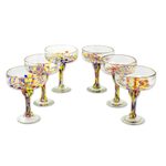 Handblown margarita glasses, 'Confetti Festival' (set of 6) - Set of 6 Multicolor Hand Blown Glass Margarita Glasses