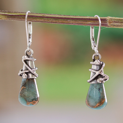 Amazonite dangle earrings, 'Golden Sea Currents' - Sterling Silver and Composite Amazonite Earrings from Mexico