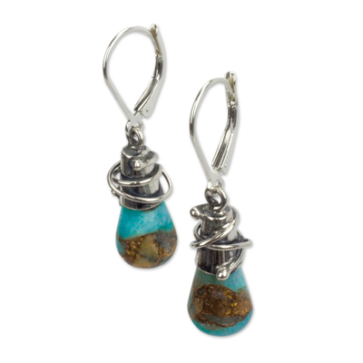 Amazonite dangle earrings, 'Golden Sea Currents' - Sterling Silver and Composite Amazonite Earrings from Mexico