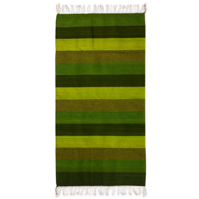 Striped Green Artisan Woven Authentic Wool Zapotec Area Rug