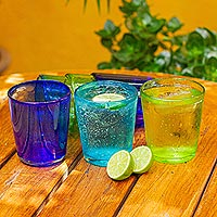 Blown glass juice glasses, 'Two by Two' (set of 6) - Hand Blown Glass Juice Glasses in 3 Colors (Set of 6)