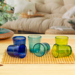 Handblown juice glasses, 'Beach Vibes' (set of 6) - Hand Blown Glass Juice Glasses in 3 Colors (Set of 6)