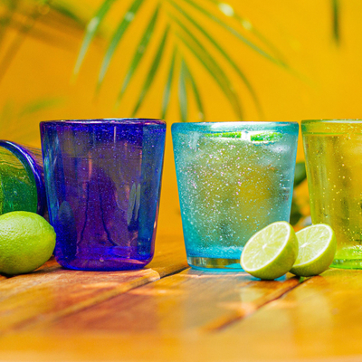 Handblown juice glasses, 'Beach Vibes' (set of 6) - Hand Blown Glass Juice Glasses in 3 Colors (Set of 6)
