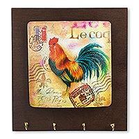 Wood key holder, 'Colorful Rooster' - Rustic Handcrafted Wood Key Rack with a Rooster