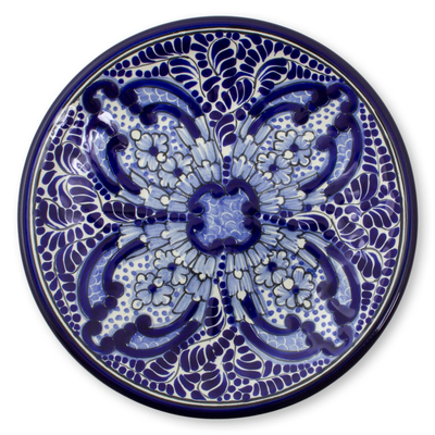 Keramische Essteller, 'Puebla Kaleidoskop' (Paar) - Kunsthandwerklich hergestellte blaue Blumenkeramikplatten (Paar)