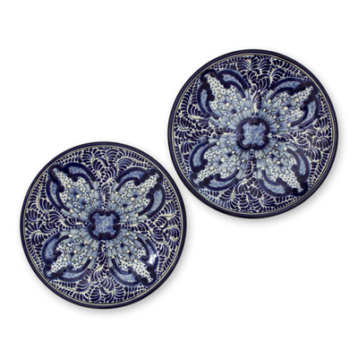 Ceramic luncheon plates, 'Puebla Kaleidoscope' (pair) - Artisan Crafted Blue Ceramic Luncheon Plates (Pair)