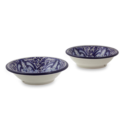 Cuencos de cerámica, 'Puebla Kaleidoscope' (par) - Cuencos florales azules de cerámica estilo Talavera (par)