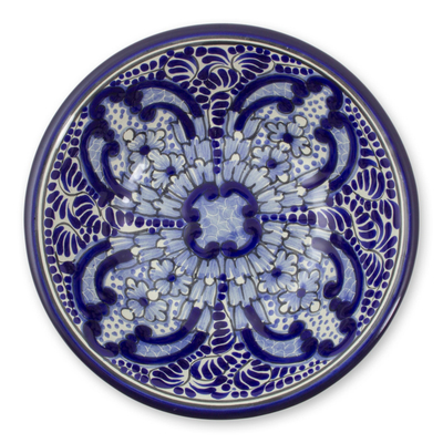 Cuencos de cerámica, 'Puebla Kaleidoscope' (par) - Cuencos florales azules de cerámica estilo Talavera (par)