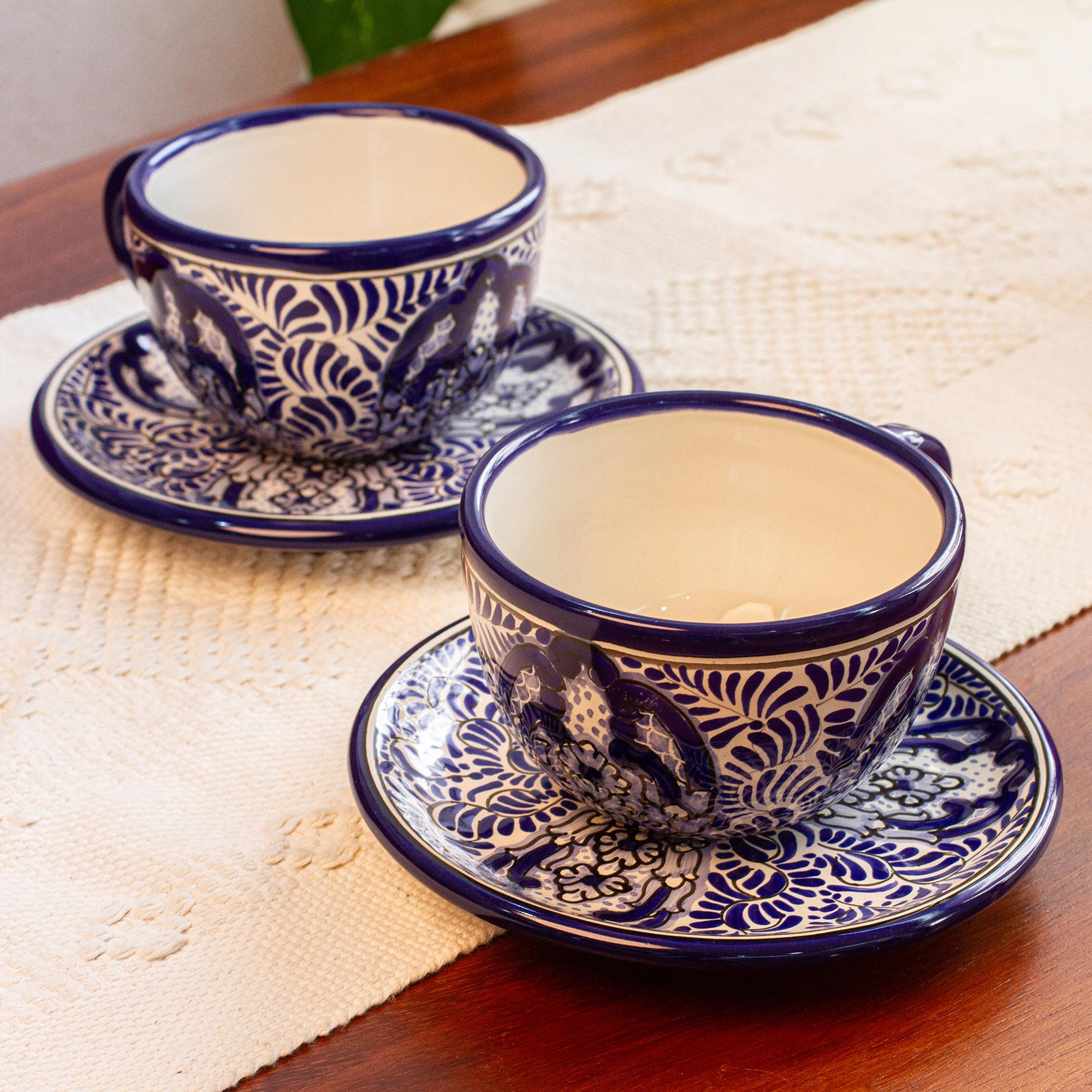 2 Talavera Style Hand-Painted Ceramic Mugs in Beige & White - Splendid  Spring