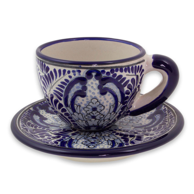 Ceramic cup and saucer set, 'Puebla Kaleidoscope' - Majolica Ceramic Blue Floral Cup and Saucer