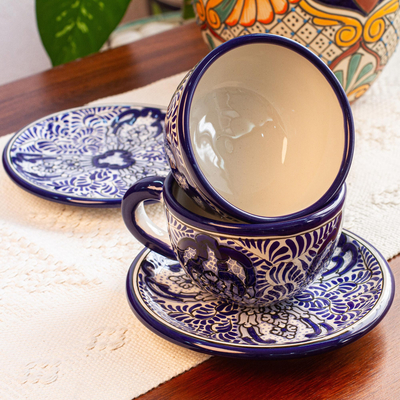Ceramic cup and saucer set, 'Puebla Kaleidoscope' - Majolica Ceramic Blue Floral Cup and Saucer