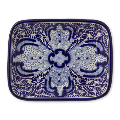 Cazuela de cerámica, 'Puebla Kaleidoscope' - Plato para servir de cerámica azul artesanal