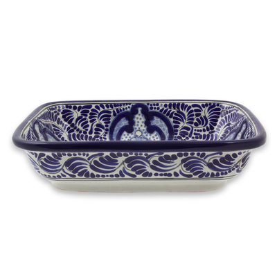 Ceramic casserole, 'Puebla Kaleidoscope' - Artisan Crafted Blue Ceramic Serving Dish