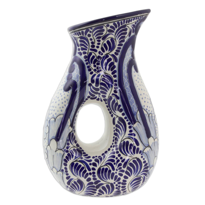 Blue Floral Pitcher Artisan Crafted Talavera Ceramic