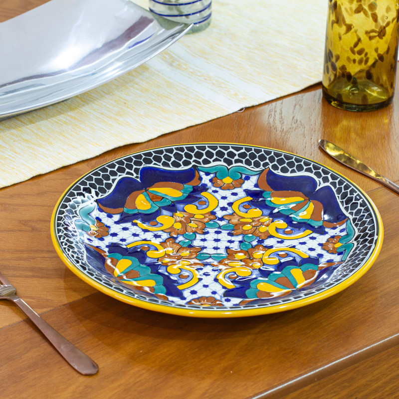 Artisan Crafted Ceramic 12-inch Dinner Plates (Pair) - Zacatlan Flowers ...