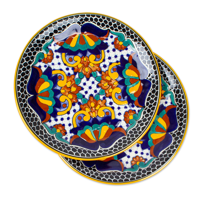 Keramische Essteller, 'Zacatlan-Blumen' (Paar) - Handwerklich gefertigte Keramik 12-Zoll-Geschirrteller (Paar)