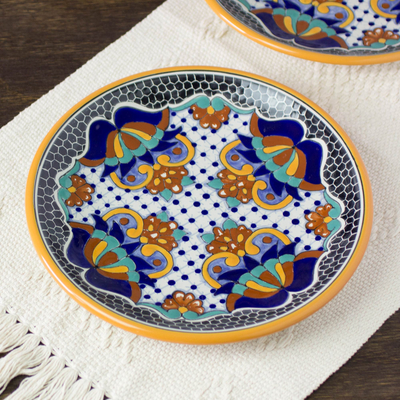 Ceramic luncheon plates, 'Zacatlan Flowers' (pair) - Artisan Crafted 10-inch Ceramic Luncheon Plates (Pair)