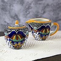 Ceramic creamer and sugar bowl set, 'Zacatlan Flowers'