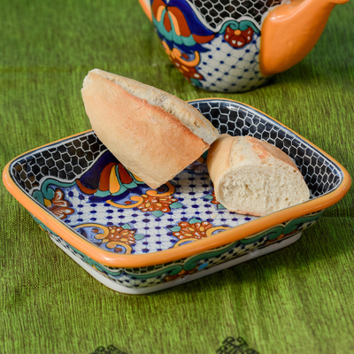 Ceramic casserole, 'Zacatlan Flowers' - Artisan Crafted 10 Inch Talavera Style Casserole