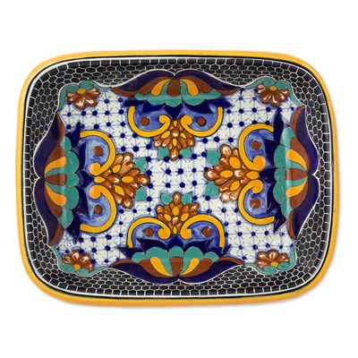Ceramic casserole, 'Zacatlan Flowers' - Artisan Crafted 10 Inch Talavera Style Casserole