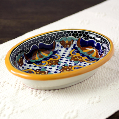 Ceramic salsa bowl, 'Zacatlan Flowers' - Artisan Crafted Majolica Ceramic 9 Inch Salsa Bowl