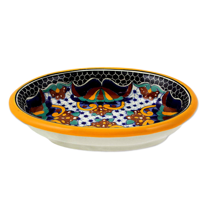 Ceramic salsa bowl, 'Zacatlan Flowers' - Artisan Crafted Majolica Ceramic 9 Inch Salsa Bowl