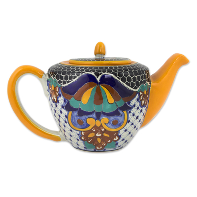 Ceramic teapot, 'Zacatlan Flowers' - Artisan Crafted Ceramic Floral Teapot 43 Oz