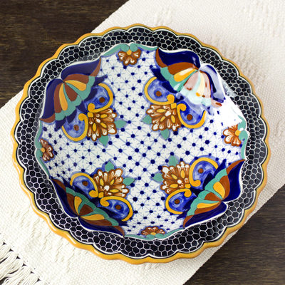 Keramische Servierschüssel, 'Zacatlan Sonnenblume'. - Handwerklich gefertigte 13-Zoll-Blumenschale aus Keramik